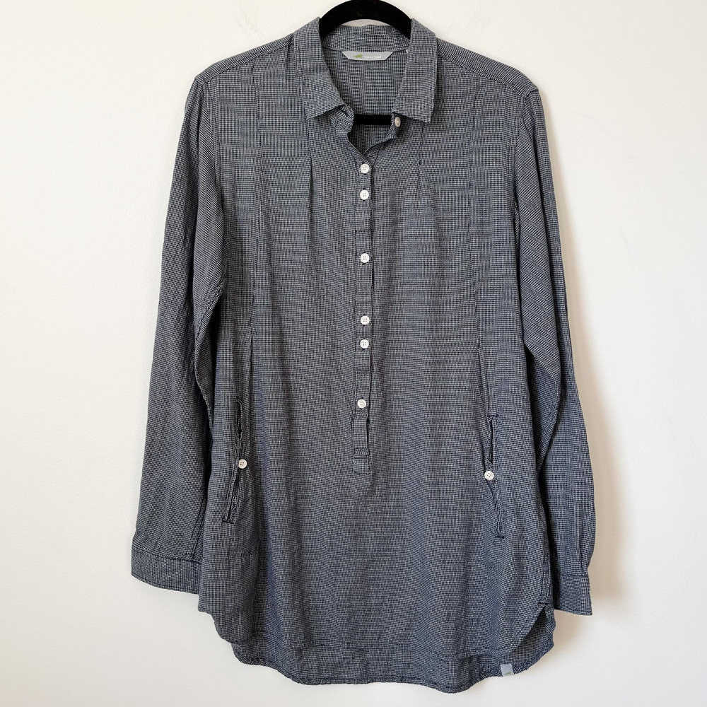 Horny Toad Organic Cotton Mixologist Tunic Top Blue Button Pullover Womens Small